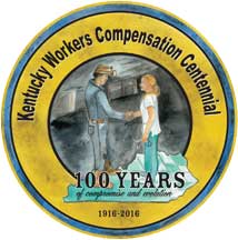 A golden circular seal commemorating 100 years of workers' compensation efforts in the State of Kentucky.